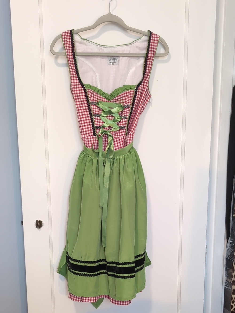 Green and Red Gingham Dirndl Midi Dress with Lace-Up Bodice NWOT